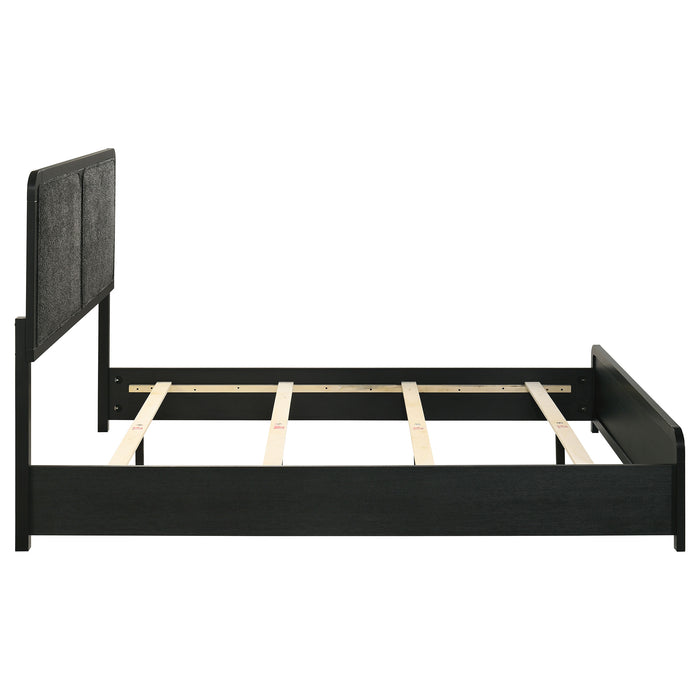 Black Cavelle 51-inch upholstered queen panel bed by CoasterEveryday, showcasing a modern fabric headboard and sleek frame.