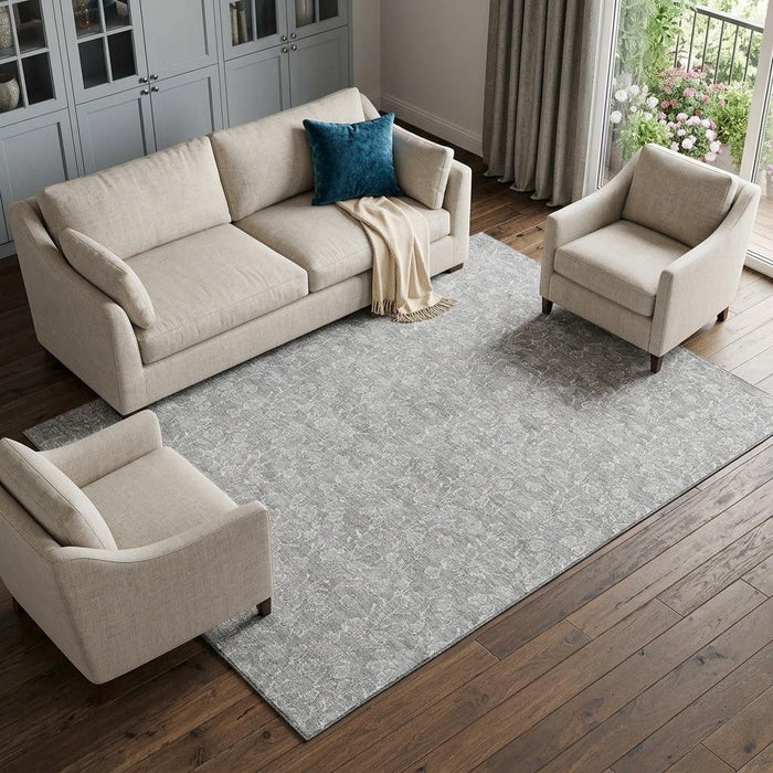 9' X 12' Floral Washable Area Rug With UV Protection (656423) - Silver / Ivory