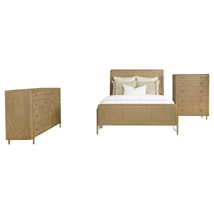 CoasterEveryday Arini 3-piece Queen bedroom set with sand wash finish and natural cane accents, including bed, dresser, and nightstands.