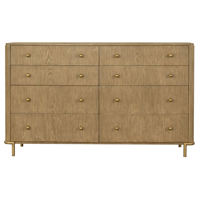 CoasterEveryday Arini 3-piece queen bedroom set with sand wash finish and natural cane details, including bed, dresser, and nightstands.
