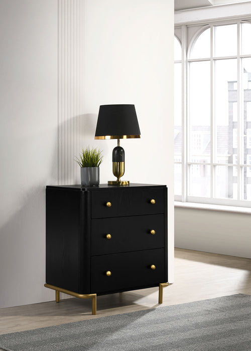 Black Arini 3-drawer nightstand by CoasterEveryday, showcasing sleek furniture with three spacious drawers and modern design.