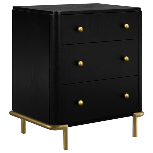 Black Arini 3-drawer nightstand by CoasterEveryday, showcasing sleek furniture design with three spacious drawers.