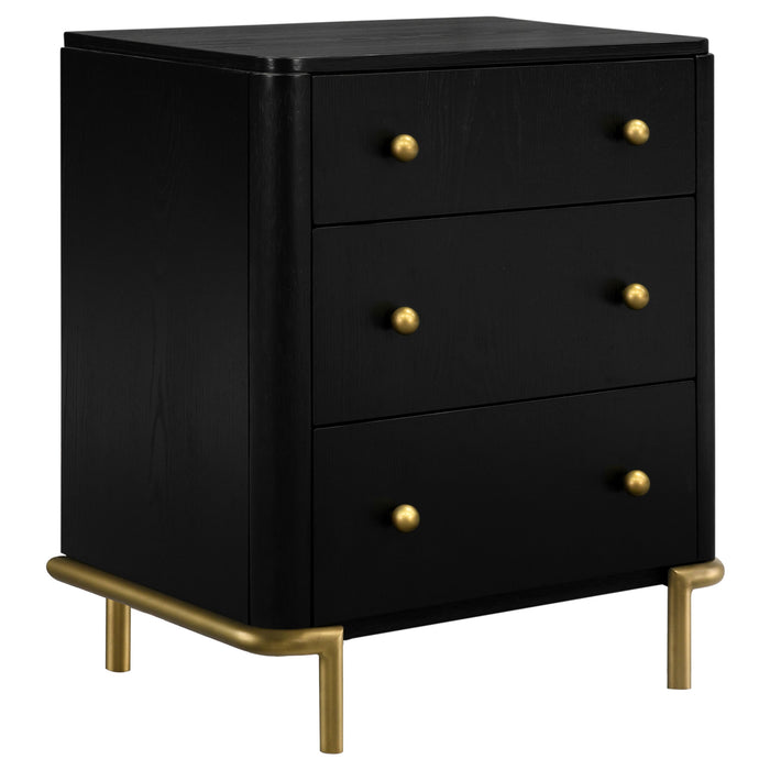 Black Arini 3-drawer nightstand by CoasterEveryday, showcasing sleek furniture design with three spacious drawers.