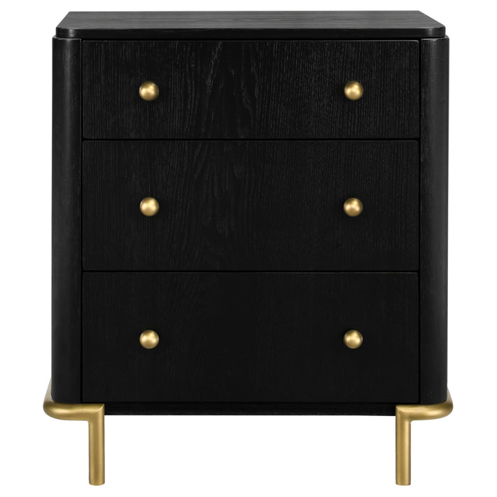Black Arini 3-drawer nightstand by CoasterEveryday, showcasing sleek furniture design with three spacious drawers.