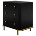 Black Arini 3-drawer nightstand by CoasterEveryday, showcasing sleek furniture with modern drawer handles and smooth finish.