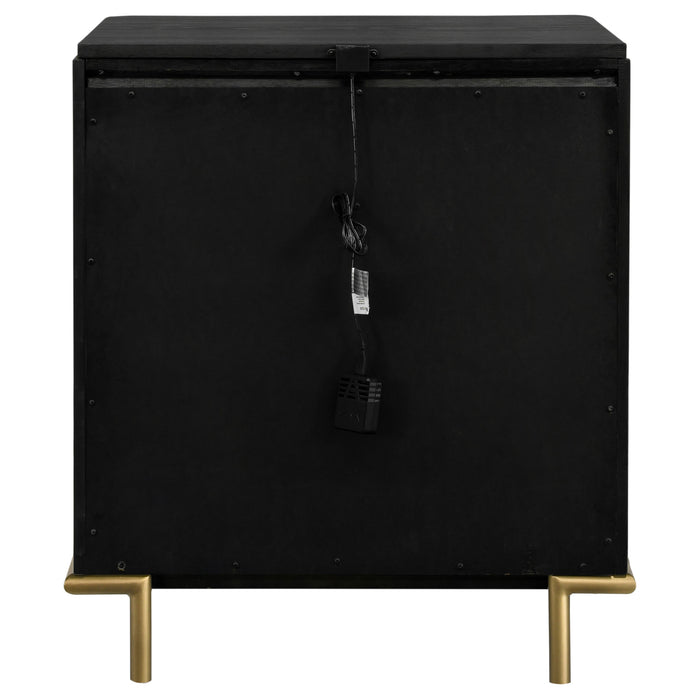 Black Arini 3-drawer nightstand by CoasterEveryday showing sleek wood finish and modern furniture design with silver handles.