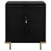 Black Arini 3-drawer nightstand by CoasterEveryday showing sleek wood finish and modern furniture design with silver handles.