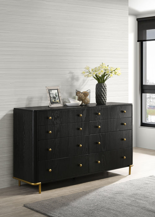 CoasterEveryday Arini black 8-drawer dresser with sleek modern design and metal drawer handles, showcasing ample storage space.