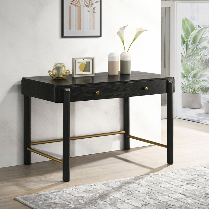 Black Arini 2-drawer vanity desk by CoasterEveryday, featuring a sleek makeup table with two spacious drawers.