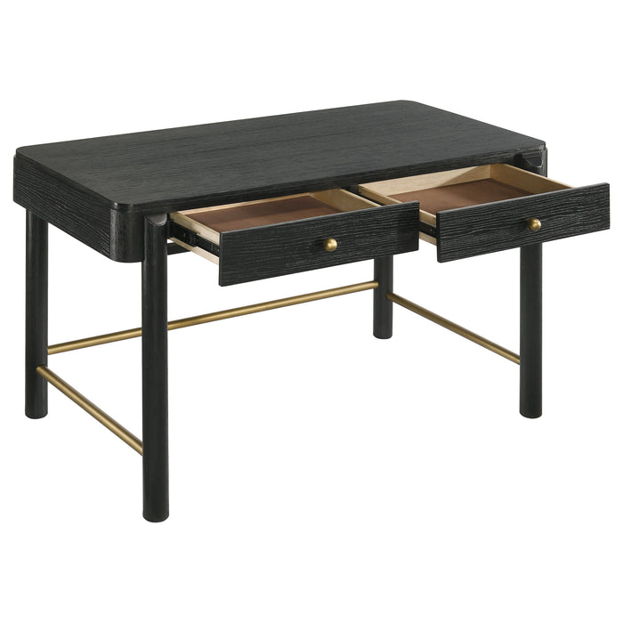 Black Arini 2-drawer vanity desk by CoasterEveryday with a sleek design, featuring a spacious tabletop and stylish storage drawers.