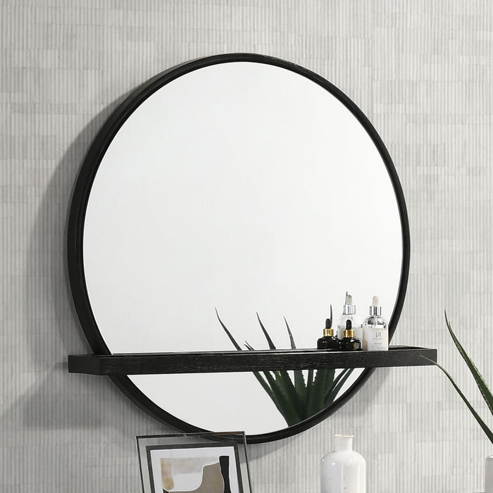 Black Arini round vanity wall mirror with built-in shelf, modern furniture piece by CoasterEveryday for bedroom or bathroom decor.