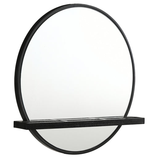 Black Arini round vanity wall mirror with shelf, CoasterEveryday furniture piece, showing the mirror frame and built-in shelf.