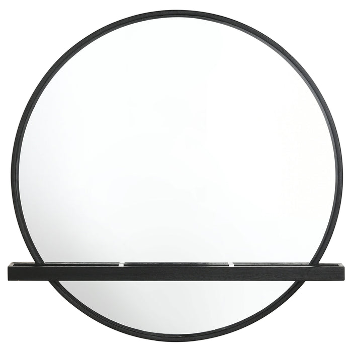 Black Arini round vanity wall mirror with shelf, CoasterEveryday furniture piece, showcasing its sleek design and included storage shelf.