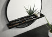 Black Arini round vanity wall mirror with integrated shelf, modern furniture piece for bathroom or bedroom decor.