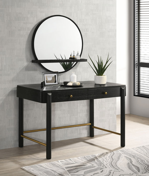 Black Arini round vanity wall mirror with built-in shelf for bathroom or bedroom decor, by CoasterEveryday furniture.