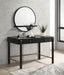 Black Arini round vanity wall mirror with built-in shelf for bathroom or bedroom decor, by CoasterEveryday furniture.