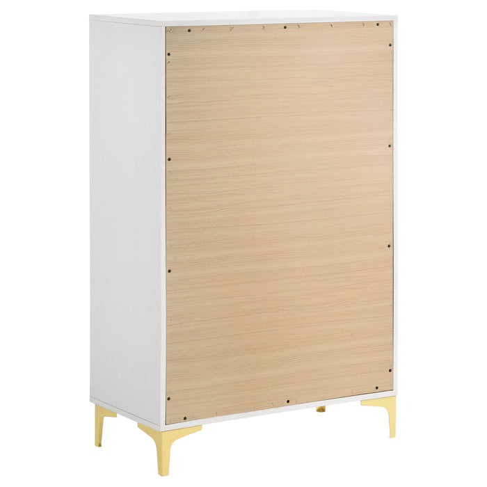 White Kendall 5-piece Eastern King bedroom furniture set by CoasterEveryday, includes bed frame, nightstands, and dresser.