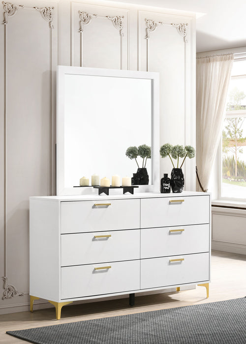 White Kendall 6-drawer dresser with attached mirror, modern furniture piece with sleek handles and a smooth finish.