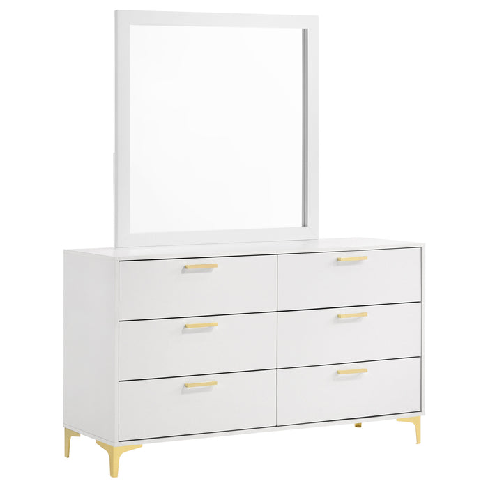 White Kendall 6-drawer dresser with attached mirror, modern furniture piece by CoasterEveryday, showcasing sleek design and storage.