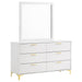 White Kendall 6-drawer dresser with attached mirror, modern furniture piece by CoasterEveryday, showcasing sleek design and storage.