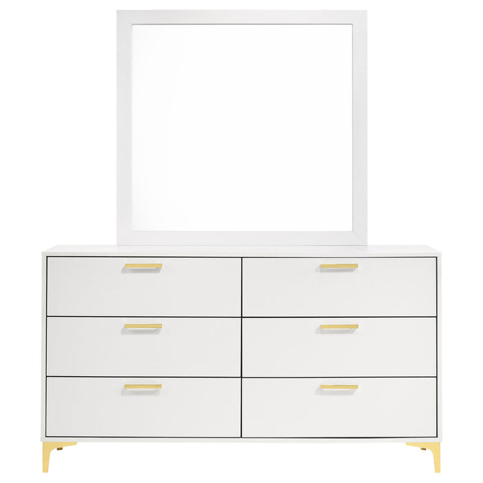 White Kendall 6-drawer dresser with attached mirror and wooden legs, modern bedroom furniture by CoasterEveryday.