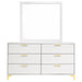White Kendall 6-drawer dresser with attached mirror and wooden legs, modern bedroom furniture by CoasterEveryday.