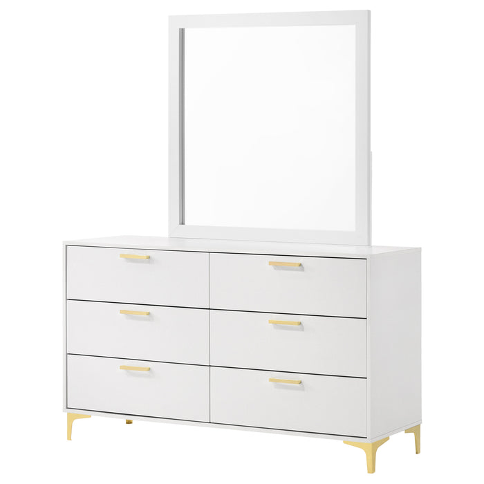 White Kendall 6-drawer dresser with attached mirror, modern furniture piece from CoasterEveryday, showing drawers and mirror from the front.