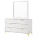 White Kendall 6-drawer dresser with attached mirror, modern furniture piece from CoasterEveryday, showing drawers and mirror from the front.