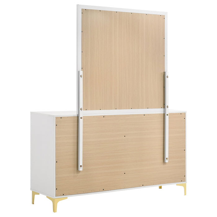 White Kendall 6-drawer dresser with attached mirror, modern furniture piece by CoasterEveryday for bedroom storage.