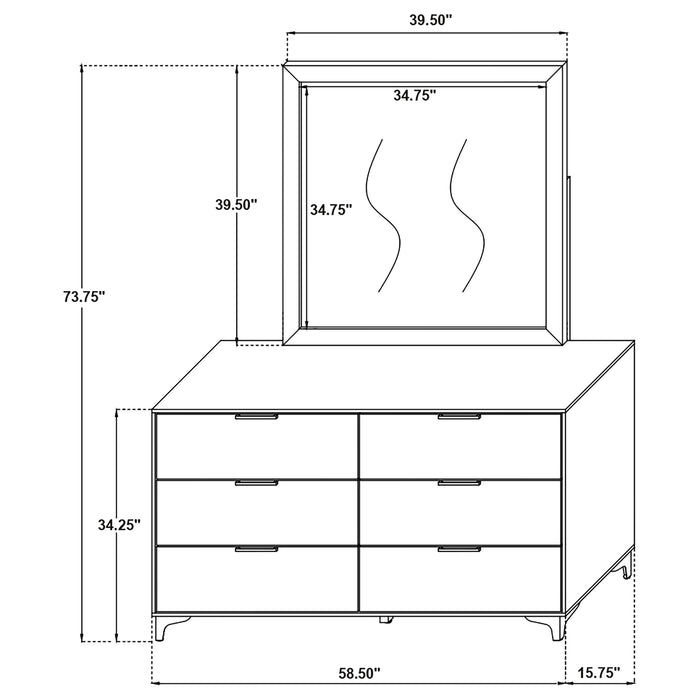 White Kendall 6-drawer dresser with attached mirror, modern furniture piece from CoasterEveryday, showing drawers and mirror frame.