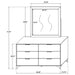 White Kendall 6-drawer dresser with attached mirror, modern furniture piece from CoasterEveryday, showing drawers and mirror frame.