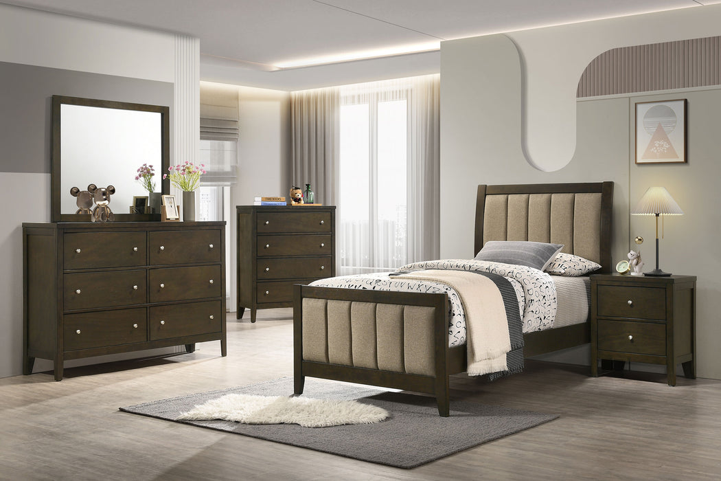 CoasterEveryday Wilkes 5-piece twin bedroom set with dark cocoa upholstered bed dresser and nightstand