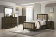CoasterEveryday Wilkes 5-piece twin bedroom set with dark cocoa upholstered bed dresser and nightstand