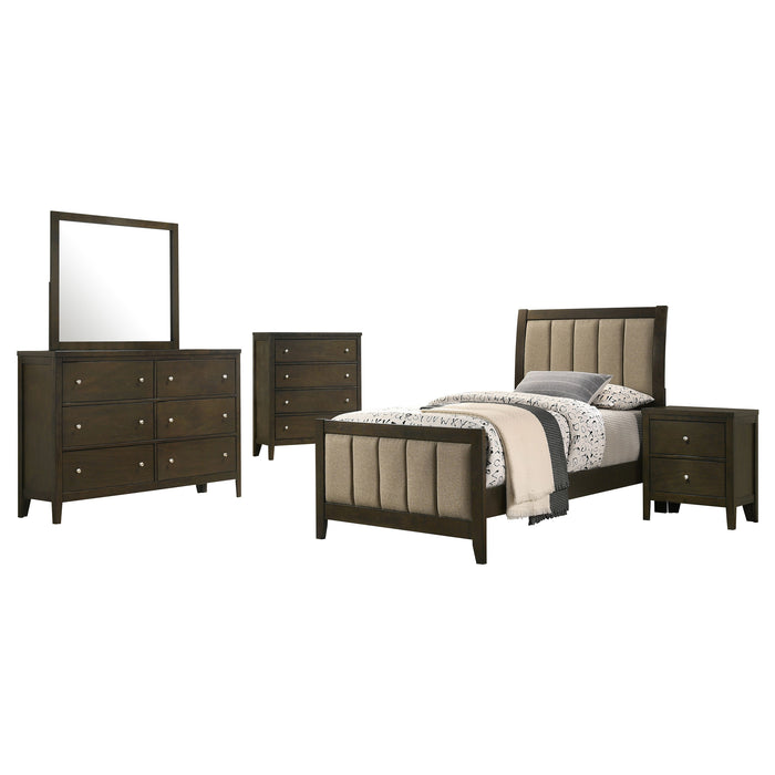 CoasterEveryday Wilkes 5-piece twin bedroom set with dark cocoa upholstered bed, dresser, mirror, and nightstand
