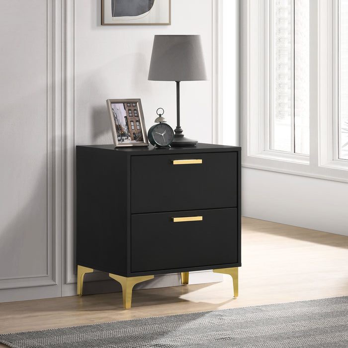 Black Kendall 2-drawer nightstand from CoasterEveryday, showcasing modern furniture design with sleek drawers and a sturdy frame.