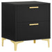 Black Kendall 2-drawer nightstand by CoasterEveryday, showcasing sleek furniture design with two spacious drawers.