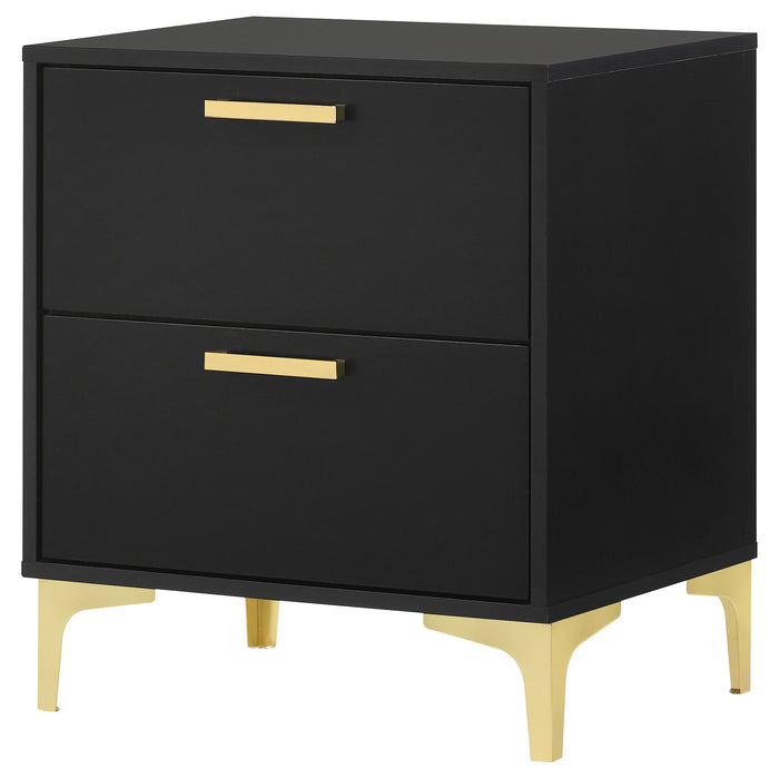 Black Kendall 2-drawer nightstand from CoasterEveryday, showcasing sleek furniture with modern drawer handles and smooth finish.