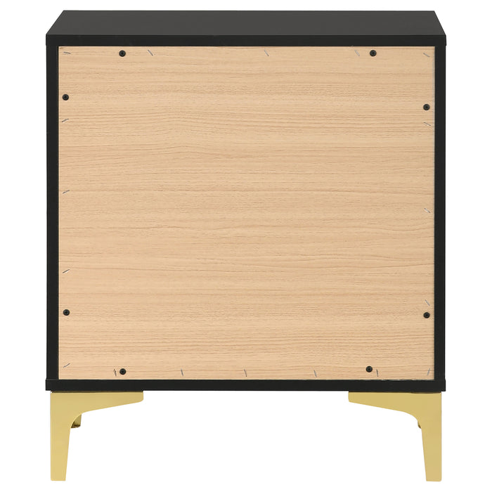 Black Kendall 2-drawer nightstand from CoasterEveryday, showcasing sleek furniture with modern drawer handles and smooth finish.