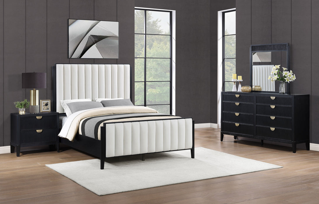Black Brookmead 4-piece upholstered Eastern King bedroom furniture set by CoasterEveryday, including bed, nightstands, and storage.