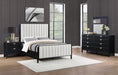 Black Brookmead 4-piece upholstered Eastern King bedroom furniture set by CoasterEveryday, including bed, nightstands, and storage.