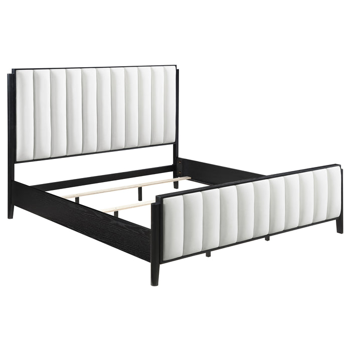 Brookmead 4-piece black upholstered Eastern King bedroom set by CoasterEveryday, showing headboards, bed frames, and matching furniture.