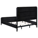 CoasterEveryday Brookmead black upholstered 4-piece Eastern King bedroom furniture set with a bed frame, nightstands, and dresser.