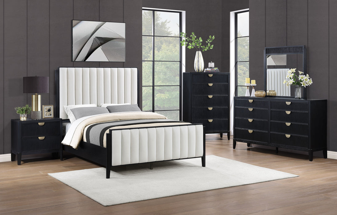 Brookmead 5-piece upholstered Eastern King bedroom set in black, featuring a bed frame and matching furniture by CoasterEveryday.