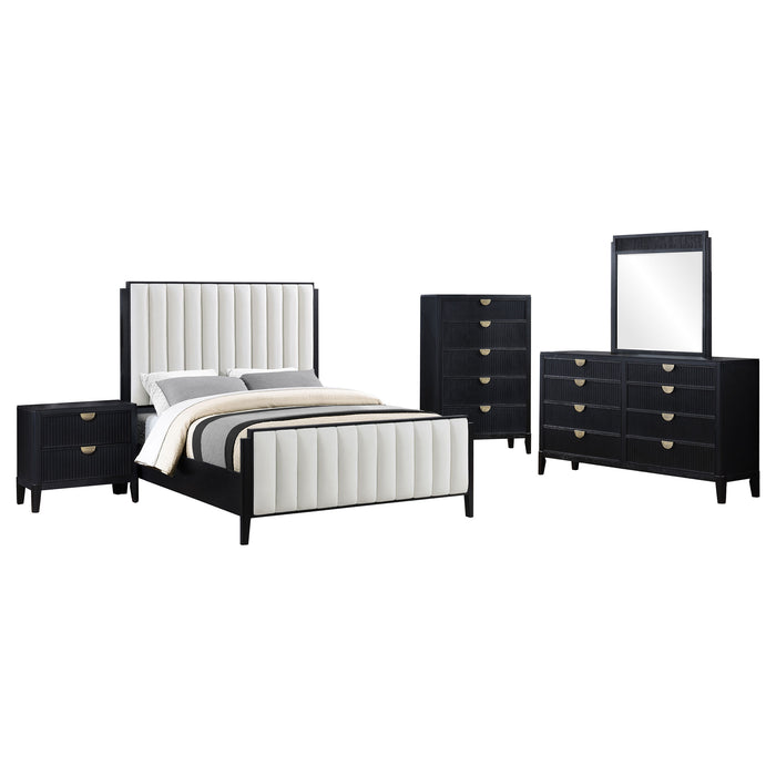 Brookmead 5-piece upholstered Eastern King bedroom set by CoasterEveryday featuring black fabric, bed frame, headboard, and matching furniture