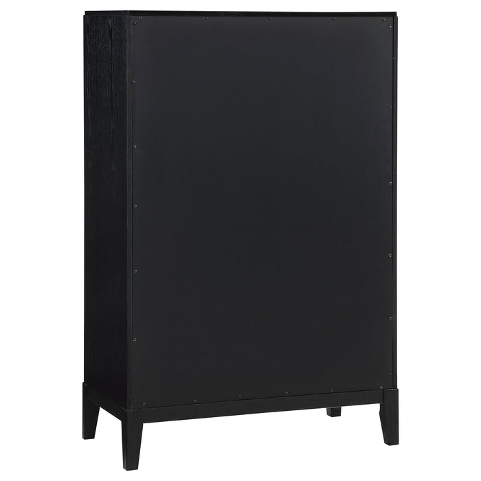 Brookmead 5-piece upholstered Eastern King bedroom furniture set in black, including bed frame and matching pieces.