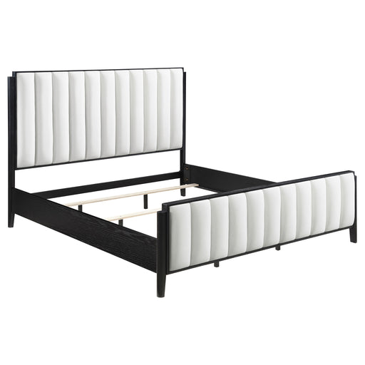 Brookmead 60-inch upholstered Eastern King bed in black with a padded headboard and sleek frame, modern bedroom furniture.