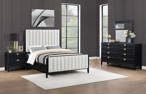 Brookmead black upholstered Cal King bedroom set by CoasterEveryday, including bed frame, dresser, and nightstands in a modern furniture design.