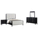 Brookmead black upholstered Cal King bedroom furniture set with four pieces, including a bed frame and matching bedside tables.