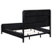 Black upholstered Cal King bedroom furniture set with four pieces, including a bed frame and matching bedroom furniture by CoasterEveryday.