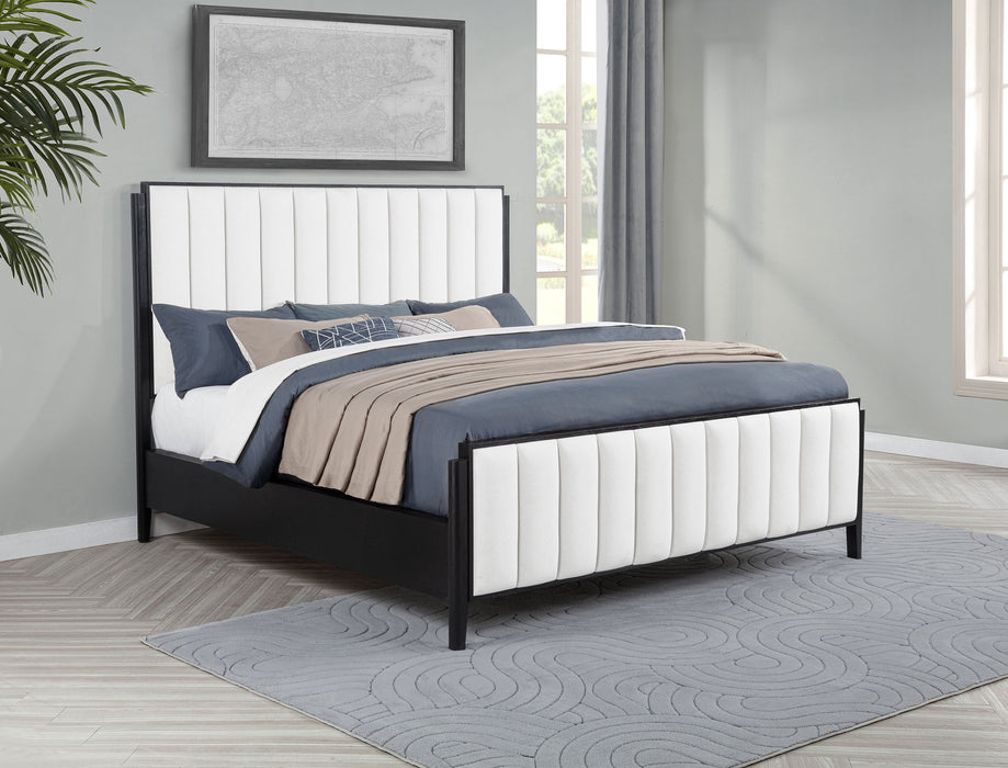 Black upholstered California King bed with tufted headboard, modern furniture design, made by CoasterEveryday.